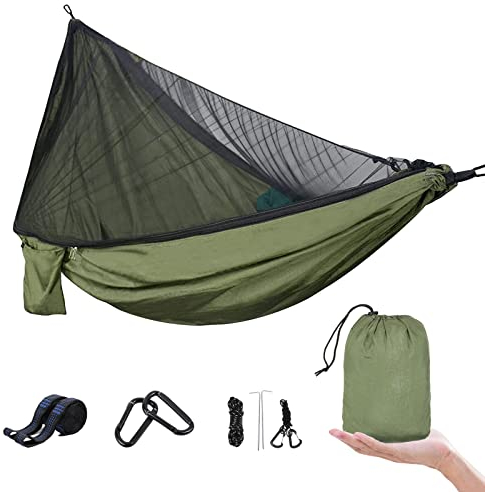 UPhitnis Hängematte Outdoor mit Moskitonetz 600lb Traglast Atmungsaktiv Ultraleicht Fallschirm Nylon Camping Reisehängematte