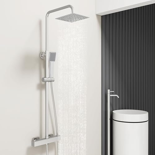Acezanble Colonne de Douche Thermostatique,Système de douche thermostatique 38°C,Colonne de Douche Acier Inoxydable avec Mitigeur Salle de Bain,20x20CM Pommeau de Douche,Carré,Chromé