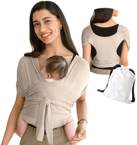 SmartPlayground Rückenunterstützendes Sommer Babytragetuch Leichte Babytrage Ab Geburt (M,Beige)