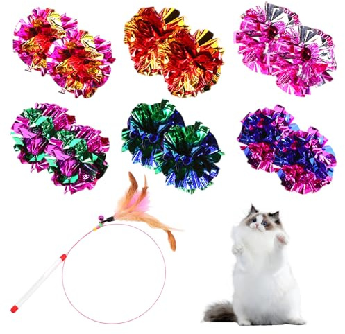 EHDWXVZM Lot de 12 balles en papier qui couinent - 1 bâton amusant pour chat - Balles à mâcher - Balles en papier colorées - Jouet d'intérieur pour chat