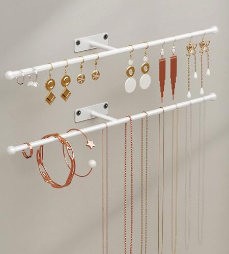 Josmimic Wall Hanging Jewelry Organizer: 12.6'' Necklace Holder for Earring, Bracelet, Rings, Hairband, Glasses, White 2-Pack, Screws Included | for Earring, Bracelet, Rings, Hairband, Sunglasses