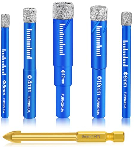Surfou Diamantbohrer, Fliesenbohrer Set tlg. 5, 6, 8, 10, 12 mm Feinsteinzeug Diamant Fliesen Bohrer und 6mm Metall Bohren, Glasbohrer für Keramik Granit, Glas, Porzellan, Mauerwerk, Marmor