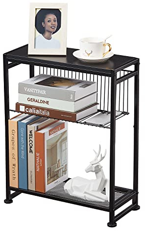 ZEXVIDA Kleiner Beistelltisch mit Zeitschriftenhalter, 2-in-1 schlanker Seitentisch für kleine Räume, schmaler Beistelltisch, dünner Seitentisch für Wohnzimmer, schmaler Nachttisch (Schwarz)