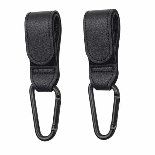 BABYZOCO Ganchos Carrito de Bebé, Ganchos Universales para Silla Paseo, Colgadores Multiusos para Cochecito Bebé, Ganchos Giratorios Silla Bebé, Soporta hasta 5 Kg, Cuero sintético, Negro, 2 unidades