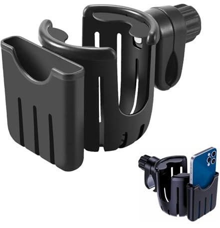 2 IN 1 Pram Cup Holder Stroller Cup Holder with Phone Holder Universal Coffee Holder 360 ° Rotation Drink Holder Milk Bottle Holder Baby Bottle Holder for Stroller Pushchair Buggy Bike