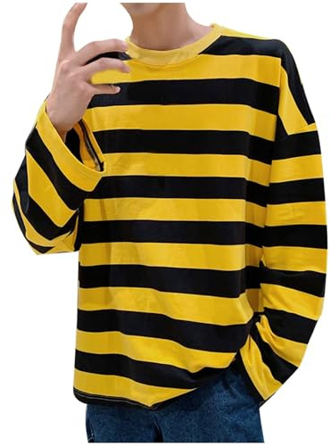 UHouse Langarmshirt Herren T-Shirt Langarm Basic Longsleeve Rundhals Tshirt Baumwolle Shirt Gestreiften Pyjama Bequeme Schlafanzugoberteile Lässig Schlafanzug Leicht Gelb L