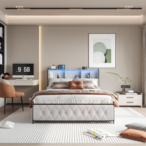 DGCZYXGL Sängram för dubbelsäng (160 x 200 cm), inklusive sängbotten, sänglåda med LED-belysning, nattduksbord med RGB-ljuslist, dubbelsäng med USB-laddare och 4 lådor, utan madrass, beige