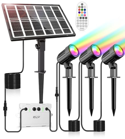 CLY Solar RGB-strålkastare, RGB solcell med fjärrkontroll, IP66, LED-strålkastare, 10 färger, 6 ljusstyrkor, 30 dynamiska lägen, dimbar, strålkastare, timer, minnesfunktion, färgförändring