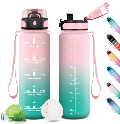 KollyKolla Borraccia Motivazionale 1L,con Filtro, Bottiglia Riutilizzabile, portiva con Indicatore del Tempo Motivazionale,per Sport, Palestra, Scuola, Gym, Fitness, Yoga