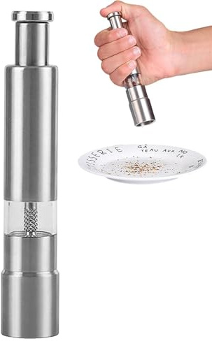 Molino de sal y pimienta – Molino de pimienta con botón pulsador, juego de molinos de sal y pimienta | Molinos de sal y pimienta con botón pulsador, base y varilla de acero inoxidable, ideal para