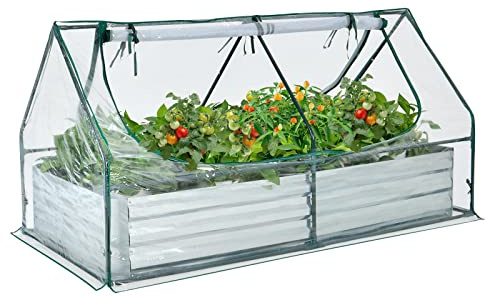 COSTWAY 3-i-1 växthus med upphöjd, metallplanteringslåda, PVC-film, blombädd med två fönster, rektangulär tidig säng för blommor, örter i trädgården, terrass och balkong, 180 x 90 x 91 cm, silver