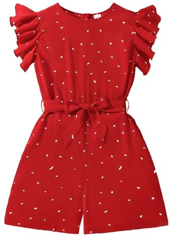 es-uk Trendy Girls Summer Clothes - Stylish Girls Playsuit, Round Neck Frill Sleeve Red Spotty Jumpsuit with Waist Tie, Beautiful summer outfits (Red, 8-9 Years)