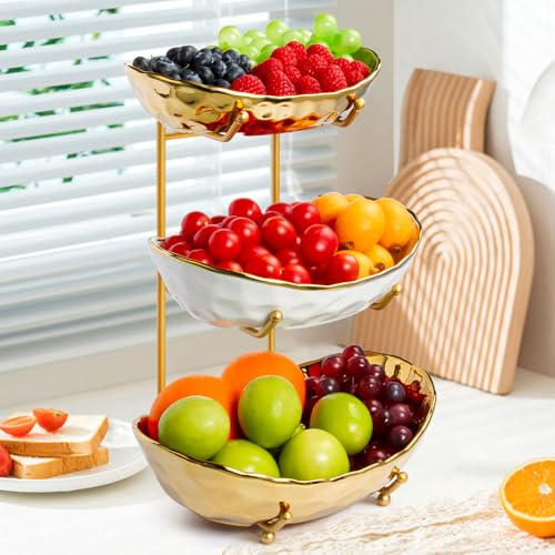 3 Tier Fruit Bowl for Kitchen Counter, Tiered Fruit Basket Stand with Gold Metal Rack, Decorative Fruit Holder for Table, No Assembly Serving Bowls for PartySnacks & Housewarming Gift