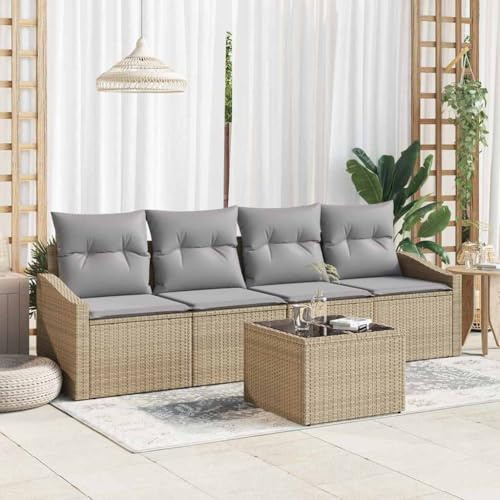 Teenpull Garten-Sofa-Set 5-teilig, Beige und Hellgrau, Poly-Rattan mit Stahlrahmen, 55 x 55 x 37 cm, Modulares Loungeset für Terrasse und Outdoor-Bereich
