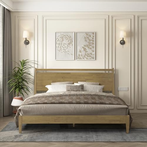 NTC Adept Wooden Bed Frame with Headboard, Solid Wood Foundation with Silent Slats and Wood Central Supports, 1000 Lb Capacity, Effortless Assembly, King - Sand