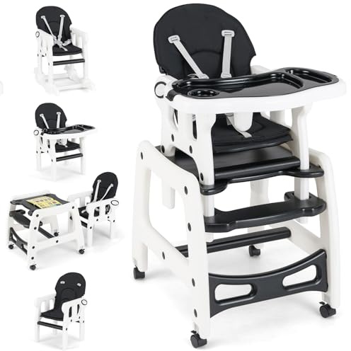 GOPLUS 4 in 1 Baby Hochstuhl, mit Schaukelfunktion, Kinderhochstuhl mit Verstellbarer Rücklehne & Abnehmbarem Tablett & Universalrädern, Babyhochsitz mit 5-Punkt-Sicherheitsgurt (Schwarz)