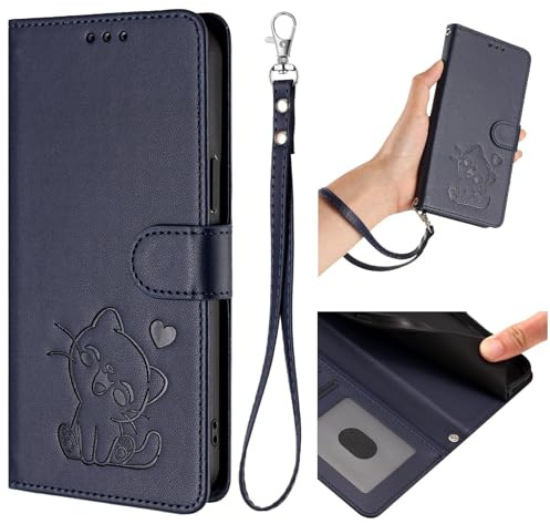 BEENTRYS Cuero PU Funda para Moto G22 4G / E32S / E22S 4G Funda,Carino Gato y Corazón Cartera con Tapa Ranuras para Tarjetas Bolsillo Soporte Flip Case Antigolpes Carcasa-Azul