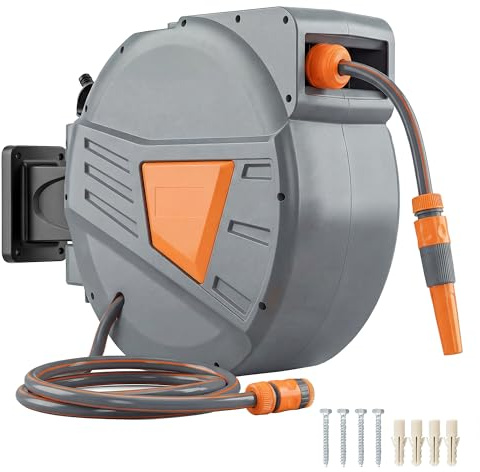 Outsunny Enrollador de Manguera para Jardín 30+2 m con Boquilla de 2 Modos, Carrete de Manguera de Jardín de Pared con Bloqueo Automático y Retracción Controlada, Soporte Orientable 180°, Naranja
