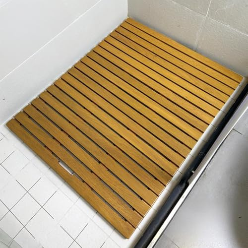 Massiv teak trä duschmatta, halkfria gummifötter, vattendränerande lameller för badrum spa bastu, naturlig finish