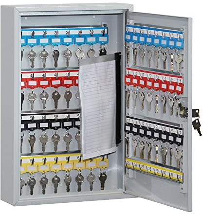Melsmetall Schlüsselkasten SD64 – Schlüsselschrank mit 64 Haken, robuste Schlüsselbox aus Stahl, abschließbarer Safe, magnetische Außenseite, höhenverstellbare Leisten, Wandmontage (45x30x8cm)