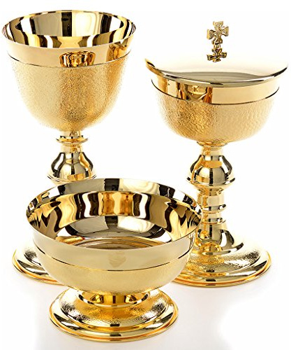 Holyart Calice ciboire et coupe de communion crénelés or, Patène