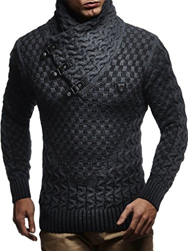 Leif Nelson Men's Pullover Knit Sweater Chunky Knit Shawl Collar LN-5255 Anthracite Black Large