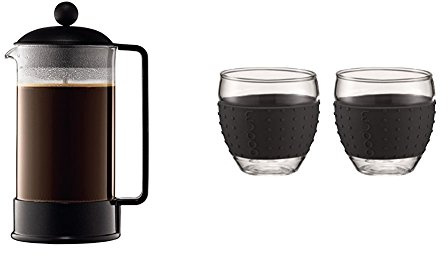Bodum 1548-01 Brazil Cafetière à Piston 8 Tasses 1 L Noir + Set de 2 verres Pavina 0,35 L noir