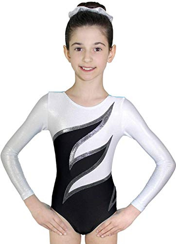 GymStern Turnanzug Plamak Spezial Glanz Lycra Mädchen Gymnastikanzug langarm Kinder Turnbody langärmlich Farbe Schwarz/Silber/Weiß, Größe 164
