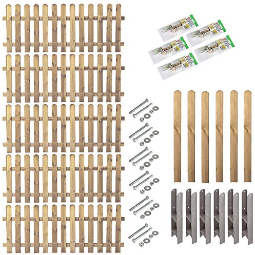 Komplett-Paket Vorgarten-zaun Friesenzaun // 5 Zaunelemente (200 x 80 cm (B x H)) + Zubehör // ca. 10,54 lfd. Meter // inklusive 6 Zaun-Pfosten mit Rundkopf im Maß 9 x 9 x 95 cm + Montagematerial