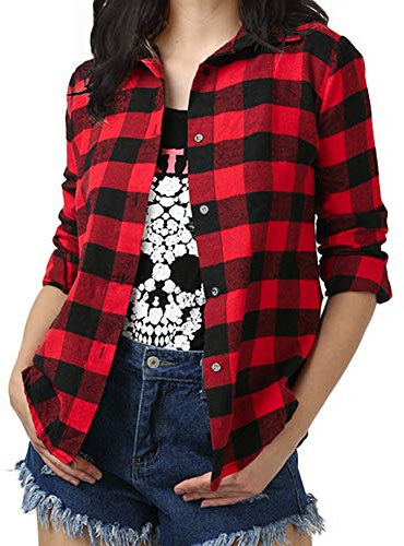 Fesky Chemise Femme Fille à Carreaux Rouge Chemisier Blouse pour Femmes Femme Manche Longue Chic