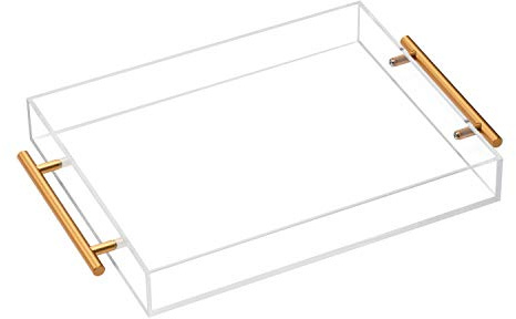 Plateau de Service en Lucite en Acrylique Transparent avec poignées en métal, 28 x 35,6 cm, Organisateur de Rangement décoratif avec Design Anti-déversement, Service pour café, Petit déjeuner, dîner