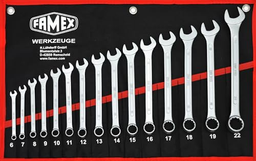 FAMEX 10349-15 Ringmaulschlüssel Satz aus hochwertigem Chrom-Vanadium Stahl 15-tlg. - Gabelringschlüssel Schraubenschlüssel Set - in Rolltasche