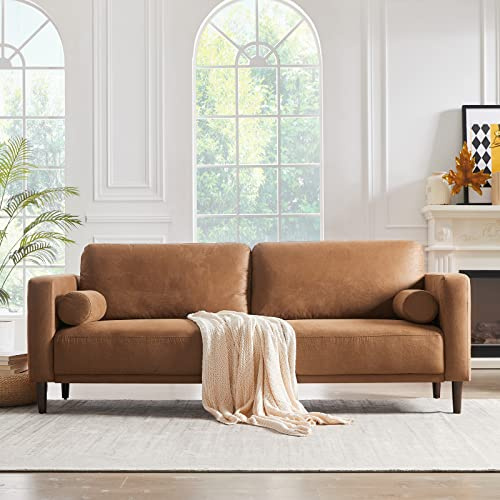 HIFIT 79 Sofa Couches for Living Room Mid-Century Modern Decor Faux Leather Couch with Deep Seat&Cloud Cushions&2 Pillow, 3 Seater Home Sofa Living Room Brown Loveseat for Office, Bedroom, Apartment