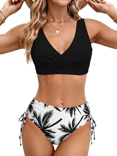 Dambikini 2 stycken dambaddräkt tvådelad Tether halterneck bikini smal passform baddräkt med remmar, Svarta blommor, L