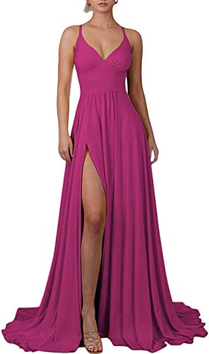 HPPEE Vestidos de graduación para mujer, hombros descubiertos, tirantes delgados, divididos, vestidos de invitados de boda con cola, fucsia, 48
