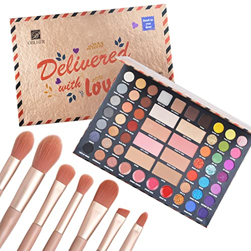 42 Colors Eyeshadow Palette with 7 Makeup Brushes Set Waterproof and sweat-proof Blush Face Powder Lip Gloss Highlighter Eyebrow Powder All in One Gift Kit
