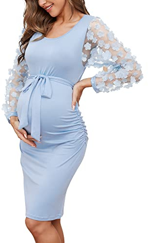 Umstandskleid, Midilänge, lange Rüschärmel floraler Netzstoff, figurbetontes Kleid für Babyparty