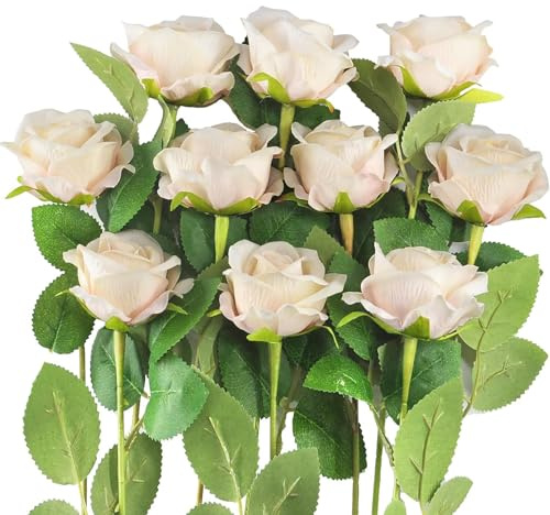 TYPHEERX Künstliche Blumen Rosen, 10 Stück Weiß Gefälschte Rose mit Stielen für DIY Blumensträuße Hochzeit Valentinstag Party Dekorativ