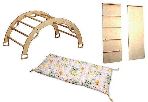 Montessori Kletterbogen | Bogen mit zweiseitiger Leiterrampe & Kissen | Kletterbogen aus Holz | Kletterwand für Kinderzimmer | Kletterbogen Set mit Rampe und Kissen für Kleinkind (Map)