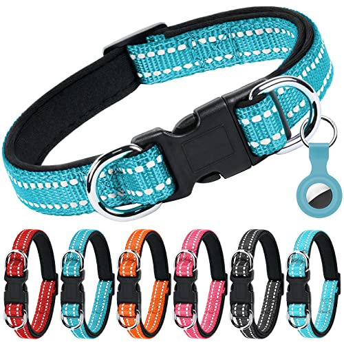 AUAUY Reflektierend Halsband Hund, Verstellbares Atmungsaktives Hundehalsband, Weich Gepolstertes Neopren Nylon Hunde Halsband mit AirTag-Hülle Doppel-D-Ring für Kleine Mittel Große Hunde(Blau-M)