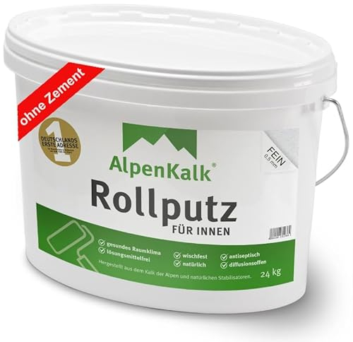AlpenKalk® Allergiefreundlicher Rollputz innen fein - Hohe Deckkraft, Verarbeitungsfertig, Einfach - Roll- und Streichputz innen - 0,5mm Körnung [24 kg für ca. 65 m²]