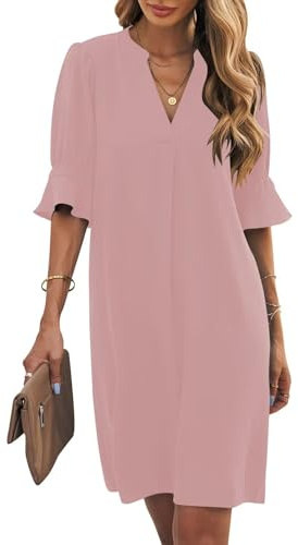 Wkior Shift Dress for Women V Neck Short Sleeves Solid Color Casual Summer Dresses Gray Pink L