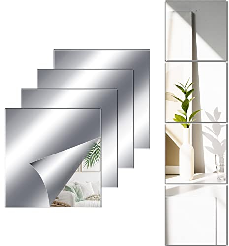 JMITHA Selbstklebende Fliesenspiegel 4 Stück 30x30cm Spiegelfliesen Selbstklebend 2mm HD DIY Acrylic Wandspiegel Klebespiegel Wanddekoration Spiegel Zum Aufkleben Klebespiegel für die Wand