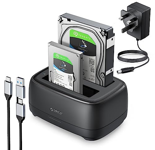 ORICO Hard Drive Docking Station, USB C/A Dual Bay SSD Reader for 2.5 or 3.5 inch SSD HDD Dock Tool-Free Enclosure with Adapter Surport 2 * 22 TB SATA HDD/SSD (Not Support Offline Clone)