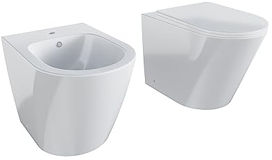 Sanitari in ceramica filomuro bianco lucido vaso rimless bidet sedile soft-close chiusura rallentata mod. Vienna
