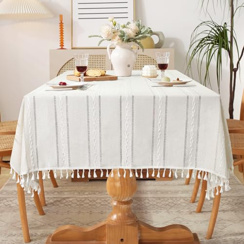 Dremisland Tischdecke Quadratisch 140x180 Baumwolle leinen tischdecke mit Sticken Quaste Elfenbein Volltonfarbe tischdecke abwaschbar Tischtuch Tablecloth Für Home Küche Speisetisch Festen
