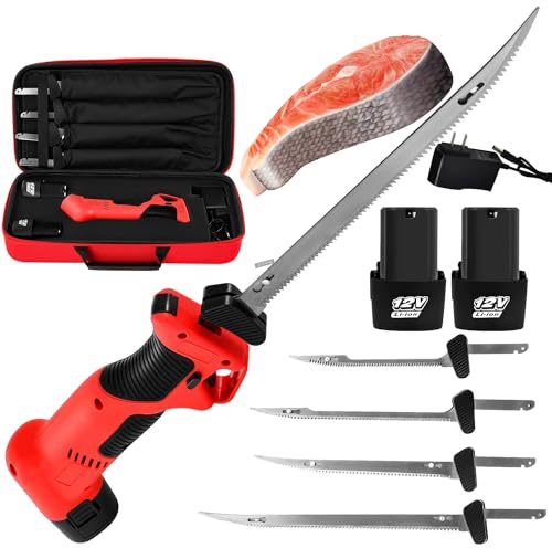 HYQNG Coltello Elettrico per Sfilettare Pesce, Coltello per Sfilettare Pesce a Batteria, Coltello da Intaglio con 4 Lame Alternative Antiaderenti Rivestite in Nitruro di Ti-S.S.,Chiusura di Sicurezza