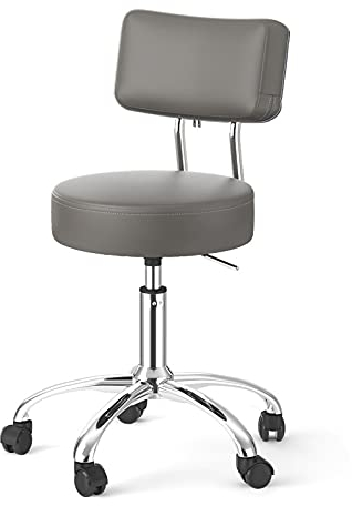 Höhenverstellbarer, drehbarer Hocker mit Rückenstütze – runder Sattelhocker auf Rädern für Salon, SPA, Medizin und Home Office – PU-Lederstuhl