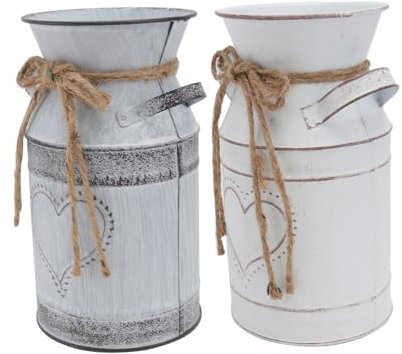 TOPPERFUN Vintage Decorative Flower Buckets 2pcs Retro Iron Garden Buckets with Heart Design and Double Handles for Home Ornament and Rustic Floral Arrangement in White
