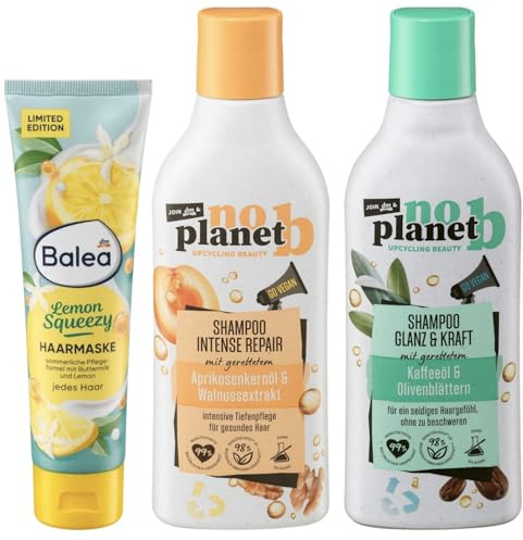 Balea x no planet b 3er-Set Haarpflege: Sommer-Haarmaske Lemon Squeezy, 100 ml + Shampoo Intense Repair Tiefenpflege mit Aprikosenkernöl, 300 ml + Shampoo Glanz & Kraft mit Kaffeeöl, 300 ml, (700 ml)